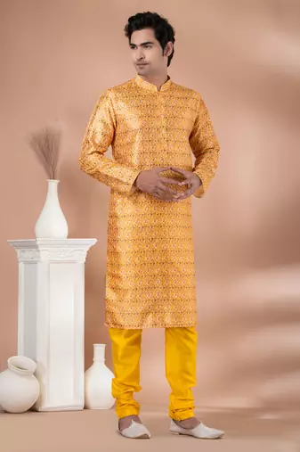 Mono Fabric with Digital Print & crochet work Kurta Pyjama Set.