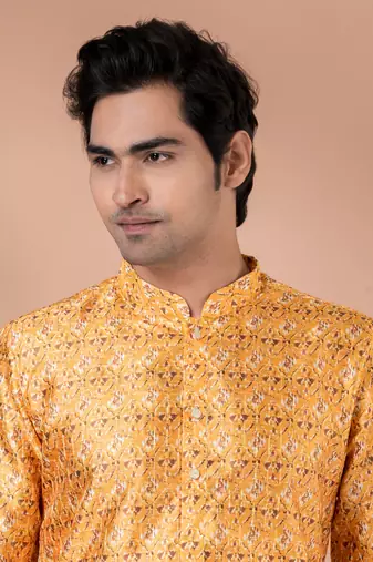 Mono Fabric with Digital Print & crochet work Kurta Pyjama Set.