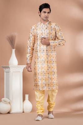 Mono Fabric with Digital Print & crochet work Kurta Pyjama Set. 1