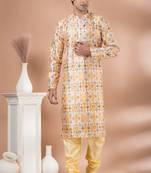 Mono Fabric with Digital Print & crochet work Kurta Pyjama Set.