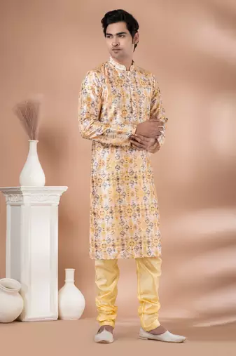 Mono Fabric with Digital Print & crochet work Kurta Pyjama Set.