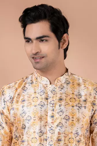 Mono Fabric with Digital Print & crochet work Kurta Pyjama Set.
