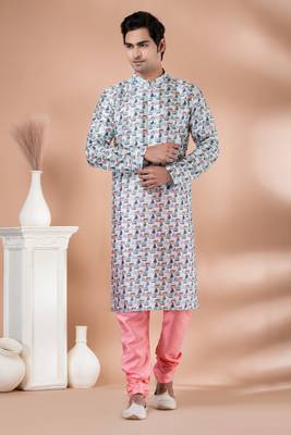 Mono Fabric with Digital Print & crochet work Kurta Pyjama Set. 1