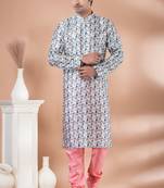 Mono Fabric with Digital Print & crochet work Kurta Pyjama Set.