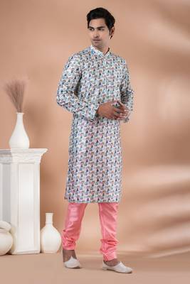 Mono Fabric with Digital Print & crochet work Kurta Pyjama Set. 2