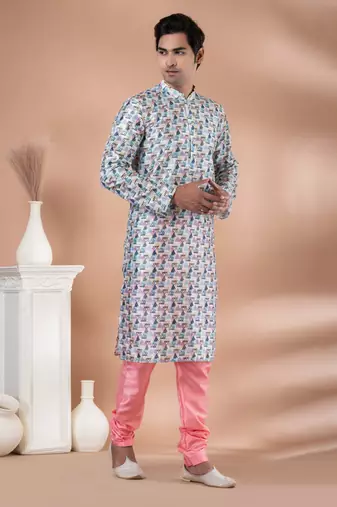 Mono Fabric with Digital Print & crochet work Kurta Pyjama Set.