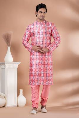 Mono Fabric with Digital Print & crochet work Kurta Pyjama Set. 1