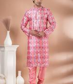 Mono Fabric with Digital Print & crochet work Kurta Pyjama Set.