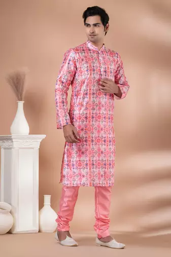 Mono Fabric with Digital Print & crochet work Kurta Pyjama Set.