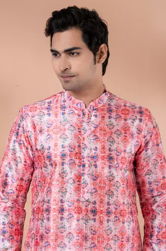 Mono Fabric with Digital Print & crochet work Kurta Pyjama Set.