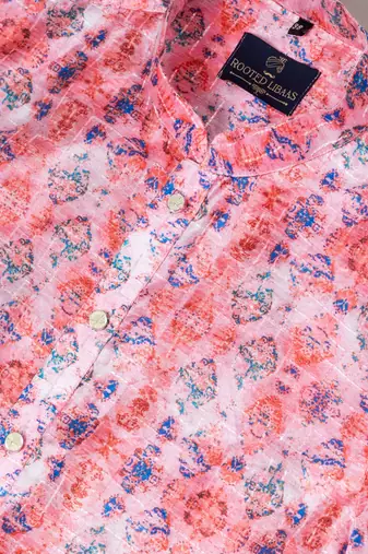 Mono Fabric with Digital Print & crochet work Kurta Pyjama Set.