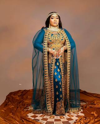 Grand Teal Blue Layered Kaftan Dress with Gold Aari Work | Party & Event Wear 2