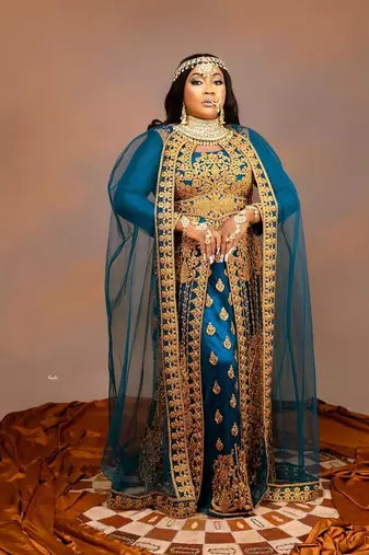 Grand Teal Blue Layered Kaftan Dress with Gold Aari Work | Party & Event Wear