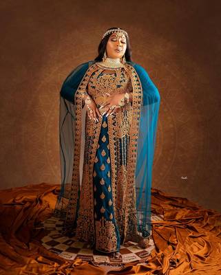 Grand Teal Blue Layered Kaftan Dress with Gold Aari Work | Party & Event Wear 3