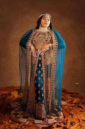 Grand Teal Blue Layered Kaftan Dress with Gold Aari Work | Party & Event Wear