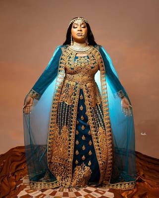 Grand Teal Blue Layered Kaftan Dress with Gold Aari Work | Party & Event Wear 4