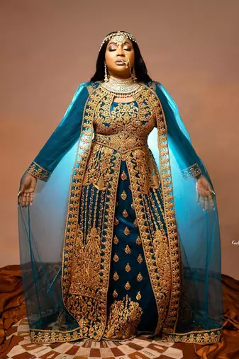 Grand Teal Blue Layered Kaftan Dress with Gold Aari Work | Party & Event Wear