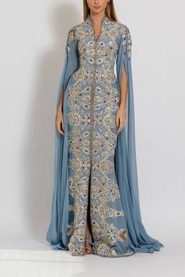 Sky Blue Georgette Kaftan Gown with Intricate Gold Handwork 1