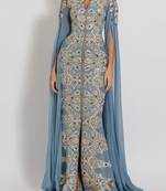 Luxury Sky Blue Georgette Kaftan Gown with Intricate Gold Handwork