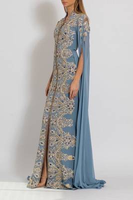 Sky Blue Georgette Kaftan Gown with Intricate Gold Handwork 2
