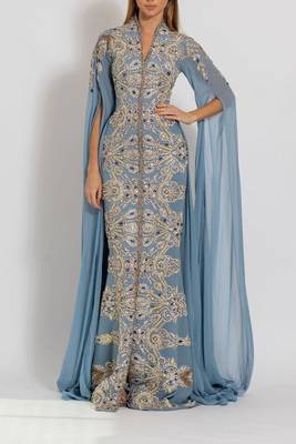 Sky Blue Georgette Kaftan Gown with Intricate Gold Handwork 3