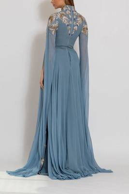 Sky Blue Georgette Kaftan Gown with Intricate Gold Handwork 4