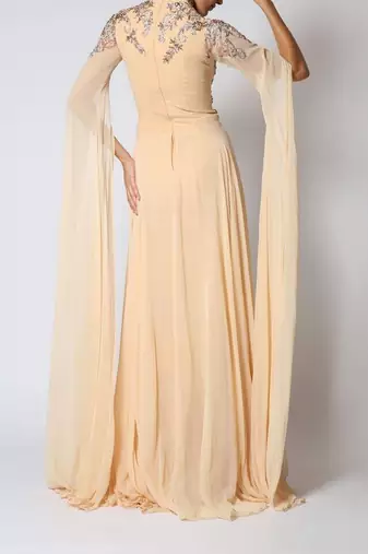 Elegant Beige Kaftan Gown with Silver Embroidery | Party & Event Wear