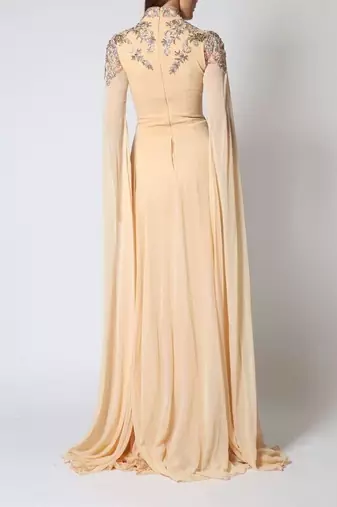 Elegant Beige Kaftan Gown with Silver Embroidery | Party & Event Wear