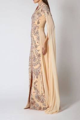 Elegant Beige Kaftan Gown with Silver Embroidery | Party & Event Wear 4