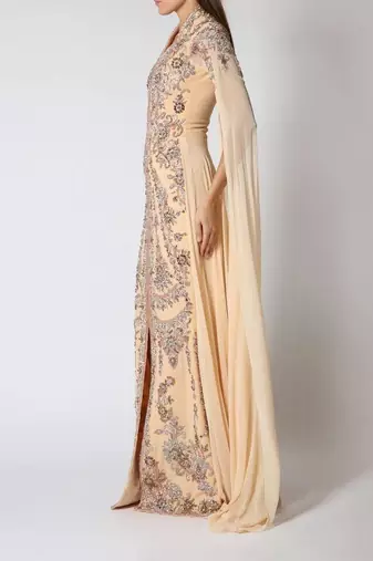 Elegant Beige Kaftan Gown with Silver Embroidery | Party & Event Wear
