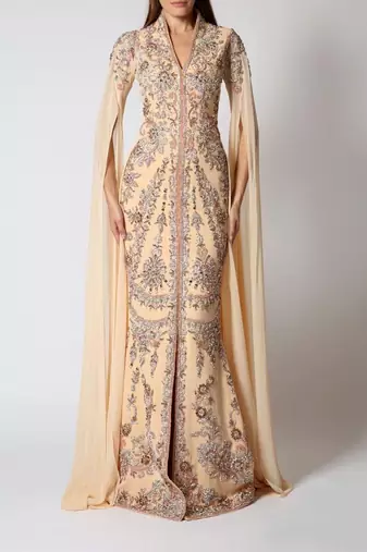 Elegant Beige Kaftan Gown with Silver Embroidery | Party & Event Wear