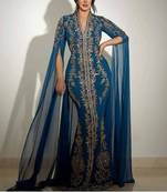 Teal Blue Georgette Zari Embroidered Designer Kaftan