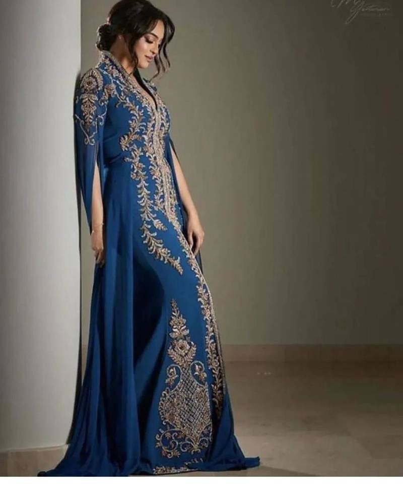 Teal Blue Georgette Zari Embroidered Designer Kaftan