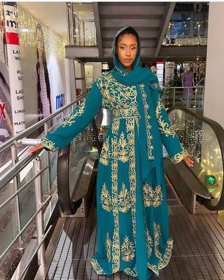 Turquoise Georgette Aari Work Kaftan 1