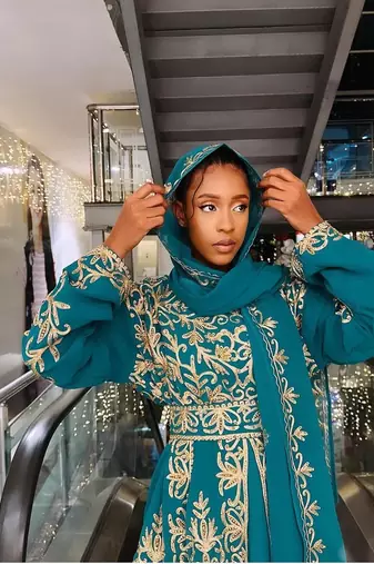 Turquoise Georgette Aari Work Kaftan