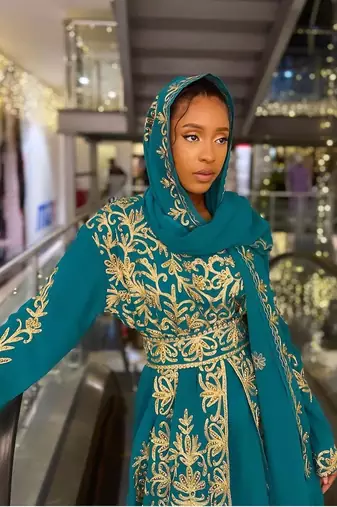 Turquoise Georgette Aari Work Kaftan