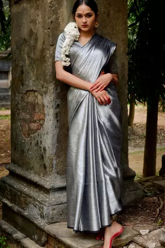 Silver Tissue Bengal Handloom Saree With Blouse