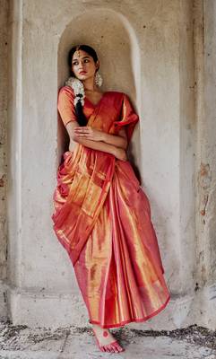 Copper Gold and Pink Handloom Tissue Saree with Blouse 1