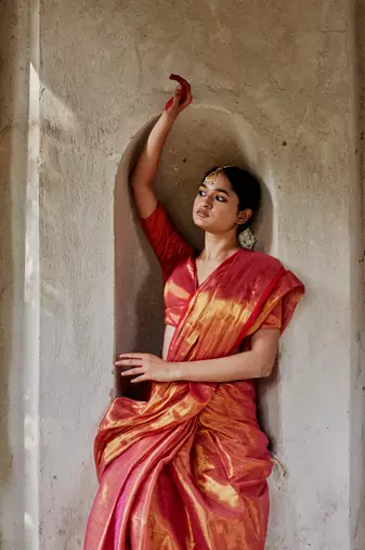 Copper Gold and Pink Handloom Tissue Saree with Blouse
