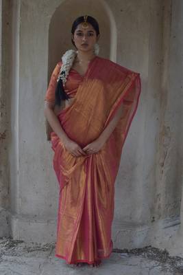 Copper Gold and Pink Handloom Tissue Saree with Blouse 3