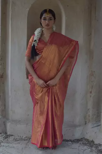Copper Gold and Pink Handloom Tissue Saree with Blouse