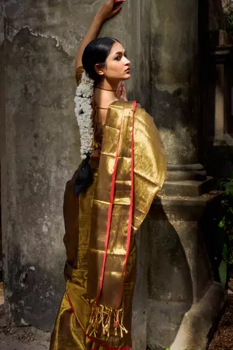 Gold solid  handloom tissue saree with red border