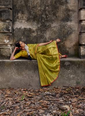 Solid neon green handloom tissue saree with red border 3