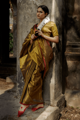 Gold solid  handloom tissue saree with red border 3