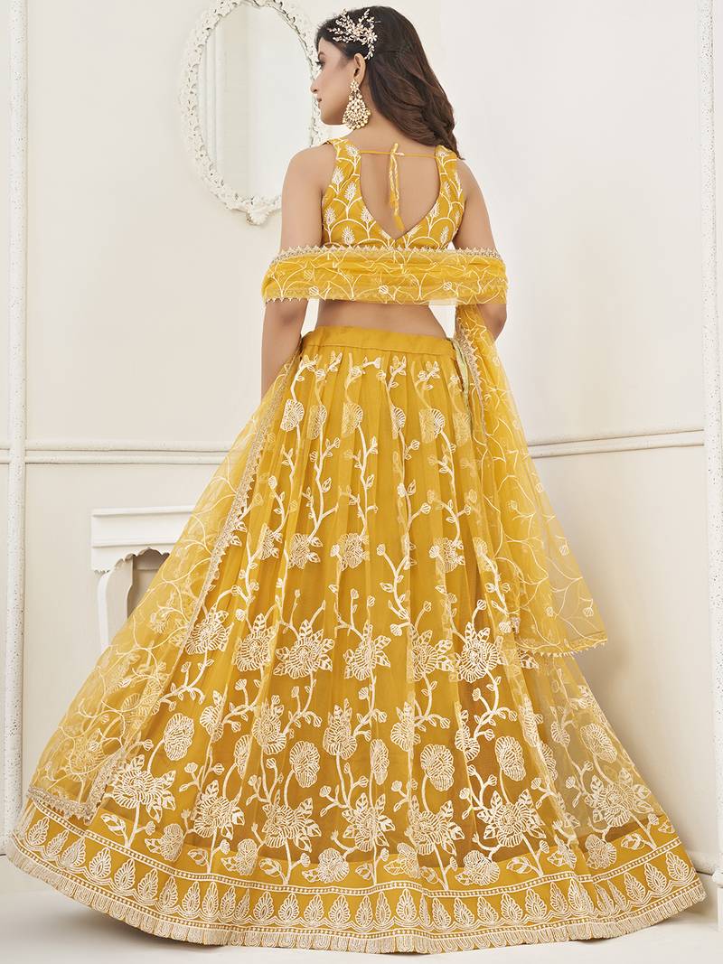 Appealing Mustard Yellow Embroidered Net Haldi Wear Lehenga Choli