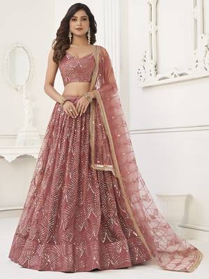 Stunning Dusty Pink Thread Work Net Wedding Wear Lehenga Choli 2