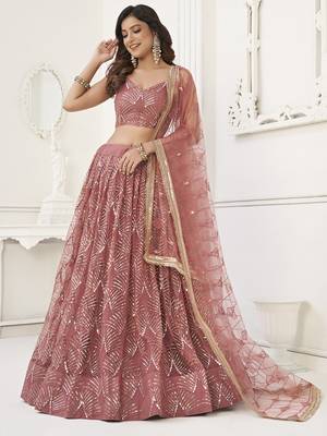 Stunning Dusty Pink Thread Work Net Wedding Wear Lehenga Choli 1