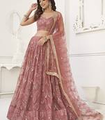Stunning Dusty Pink Thread Work Net Wedding Wear Lehenga Choli