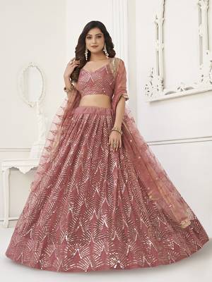 Stunning Dusty Pink Thread Work Net Wedding Wear Lehenga Choli 3