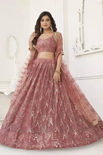 Stunning Dusty Pink Thread Work Net Wedding Wear Lehenga Choli